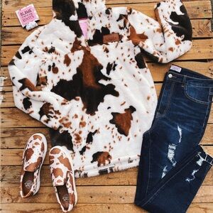 Cow Print Fleece Sherpa Pullover